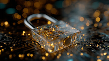 Digital Fortress: Illuminated translucent lock on a circuit board, symbolizes cybersecurity, data protection, and technological security, a beacon of digital safety. 