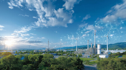 Industry in harmony with Nature: An industrial complex blends seamlessly with nature, capturing the essence of sustainability and progress. Clean energy production, wind turbines.