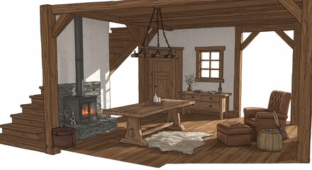 暖炉の温かい光包む、木造家屋の居間 落ち着く空間. AI Generated