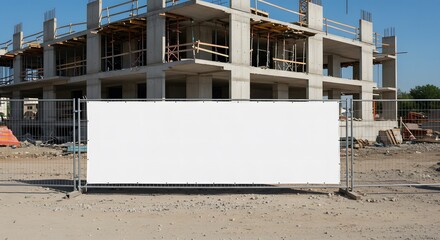 Obraz premium Blank White Banner on a Fence at a Concrete Building Construction Site