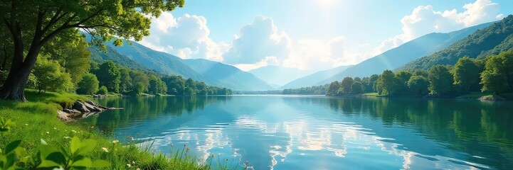 Fototapeta premium Serene Lake Landscape Tranquil Water, Lush Greenery, Sunny Sky - Perfect for Relaxation and Wellbeing