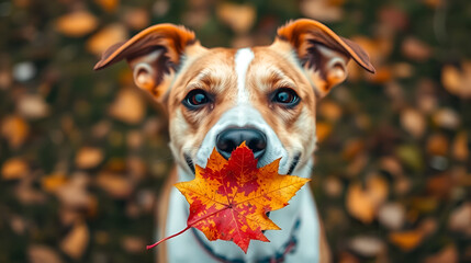 Dog holding a colorful autumn leaf in its mouth with a joyful expression, showcasing a playful interaction with nature during fall season