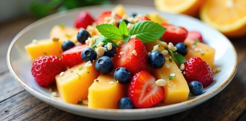 Refreshing Summer Berry and Melon Salad with Citrus, Nuts, and Seeds A vibrant mix of fresh fruit tossed in a light vinaigrette, perfect for a healthy and delicious summer meal.