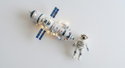 宇宙船と宇宙飛行士、柔らかな光で輝くミニチュア模型 This translates roughly to: "Spaceship and astronaut, miniature model shining with soft light". It is under the 120 character limit.. AI Generated