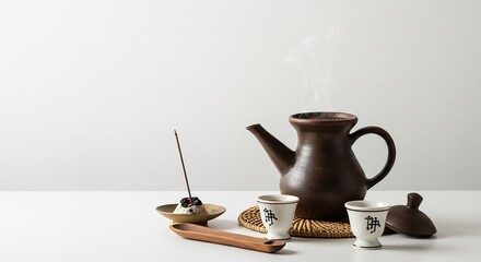 静寂漂う茶室 柔らかな光で温まる茶器と香. AI Generated