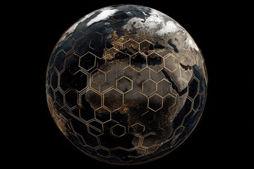 Dark globe with gold hexagonal grid overlay