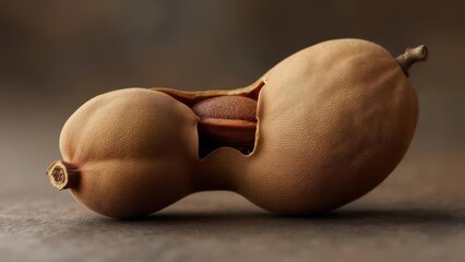 Close-up of a split tamarind pod, seed visible