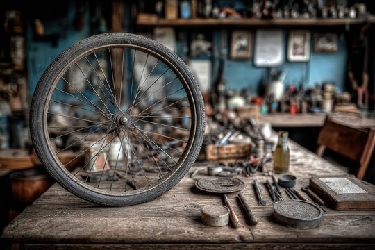 Old bicycle wheel on a cluttered workbench in a vintage workshop