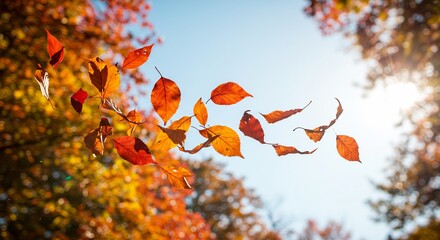 秋風舞う紅葉 輝く陽光 鮮やか色彩. AI Generated