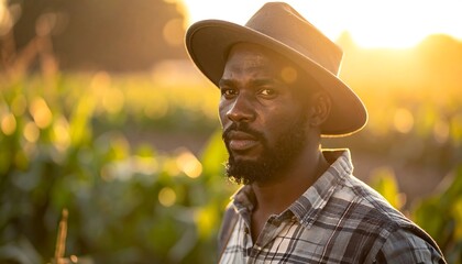 A serious man in a field at sunset
