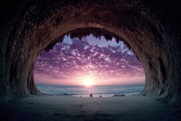 Sunrise through a sea cave