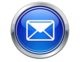 Blue circular button with email icon.  Shiny, metallic silver border