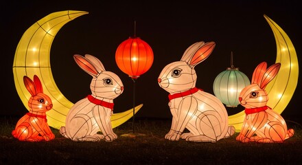 幻想的な月の光灯る、可愛いウサギ提灯群。温かい光が優しく照らす秋の夜。. AI Generated