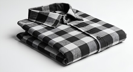 A folded black and white checkered shirt, neatly upscaled, presents a clean, simple aesthetic.
