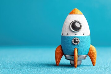 A cartoon rocket ship sits on a blue surface against a blue backdrop