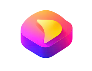 Vibrant, 3D, hexagonal icon with a yellow play symbol