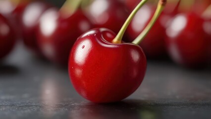 Close-up of a vibrant red cherry on a dark surface
