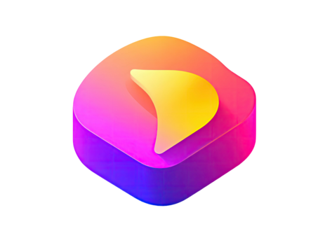 Vibrant, 3D, hexagonal icon with a yellow play symbol