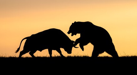 Silhouette of a Powerful Bull and Bear Confronting Each Other at Sunset