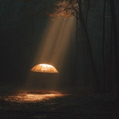 Illuminated umbrella in a misty forest