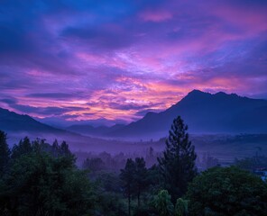 Naklejka premium Purple and blue sunrise over misty mountain valley
