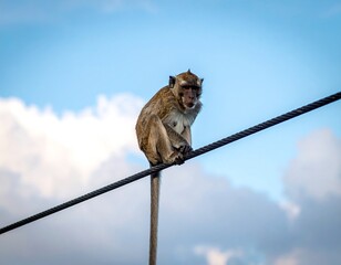Monkey on a wire against a cloudy sky
