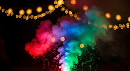 Vibrant colorful smoke bombs exploding with string lights in the background at night