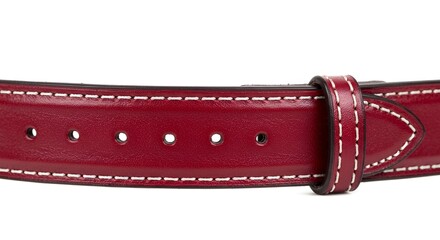 Close-up shot of a burgundy leather belt featuring white stitching and buckle loop detail.