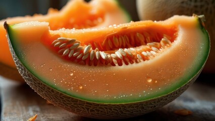Close-up of cantaloupe slices, showing the inside flesh, seeds, and green rind.  Fresh, juicy, and ripe melon