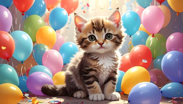 Cute kitten surrounded by colorful balloons (3)