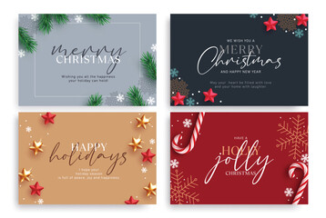 Merry Christmas greeting card clipart banner set. Happy Holidays and Holly Jolly Christmas banner clip art in elegant calligraphy greeting seasonal poster collection vector illustration.
