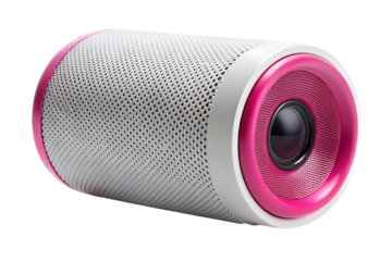 Cylindrical cutout png white portable speaker with pink accents and perforated grille isolated on a transparent background