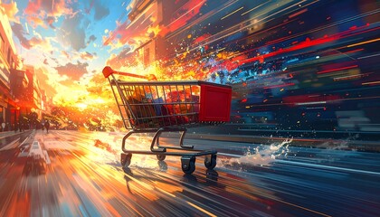 A shopping cart speeding through a city at sunset