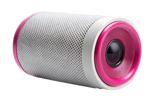 Cylindrical cutout png white portable speaker with pink accents and perforated grille isolated on a transparent background