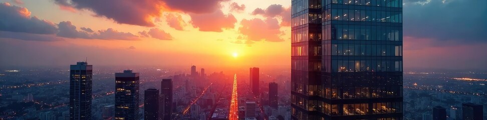 City Lights Reflecting on Modern Glass Skyscraper at Sunset, Clean Lines of Contemporary Architecture, Urban Panorama Ideal for Corporate Real Estate