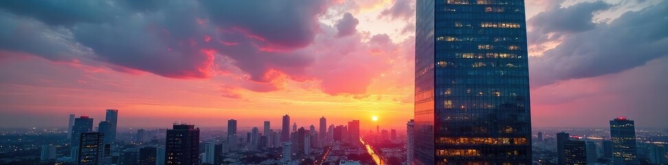 Glass Skyscraper Reflecting City Lights at Sunset Modern Corporate Architecture