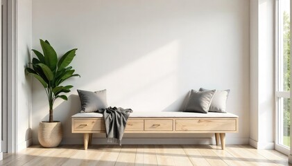 Modern minimalist wall-mounted bench in a bright, airy room Perfect for entryways, bedrooms, or hallways Provides extra seating and storage solutions , clean lines, wooden bench