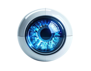 Futuristic, glowing blue eye in a white sphere (1)