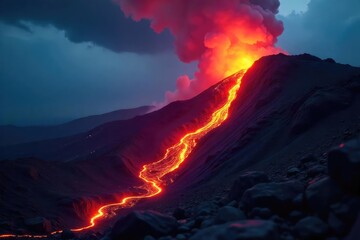 Fototapeta premium Molten lava flows relentlessly down a volcanic slope, glowing intensely against the night sky A dramatic display of nature's raw power and destructive beauty , surface, eruption, incandescent
