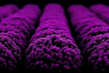 Abstract close-up view of three parallel rows of textured, deep purple structures