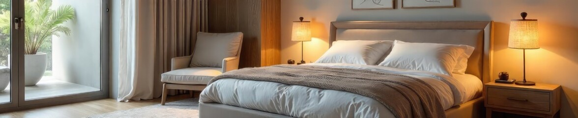 Serene Bedroom Interior Plush Bed, Soft Lighting, Elegant Decor - Ideal for Relaxation and Peaceful Sleep