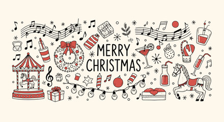 Celebrate the joyous season with a whimsical collection of festive icons including music, gifts, and holiday cheer, perfect for any Merry Christmas design.