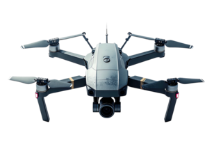 Gray drone with four propellers, a camera, and a dark background
