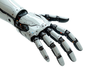 Close-up of a futuristic robotic hand, detailed mechanical structure, white and dark gray components