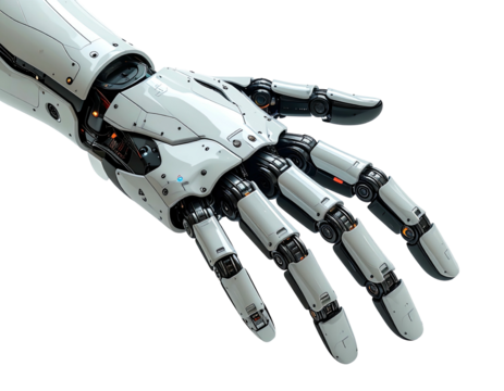 Close-up of a futuristic robotic hand, detailed mechanical structure, white and dark gray components