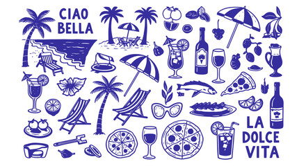 Embrace la dolce vita with a vibrant collection of beachside delights, tropical cocktails, delicious pizza, and refreshing drinks for ultimate summer relaxation