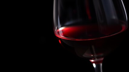 A wine glass filled with deep red liquid, highlighted against a dark background.