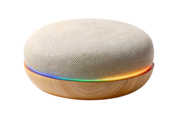 Light beige fabric smart speaker with wooden base and rainbow L E D light ring cutout png isolated on a transparent background