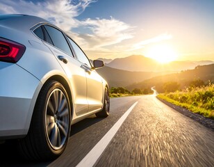 A silver car on a scenic road at sunset