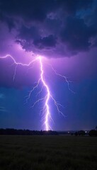 Dramatic Lightning Strike Illuminates Night Landscape During Powerful Thunderstorm